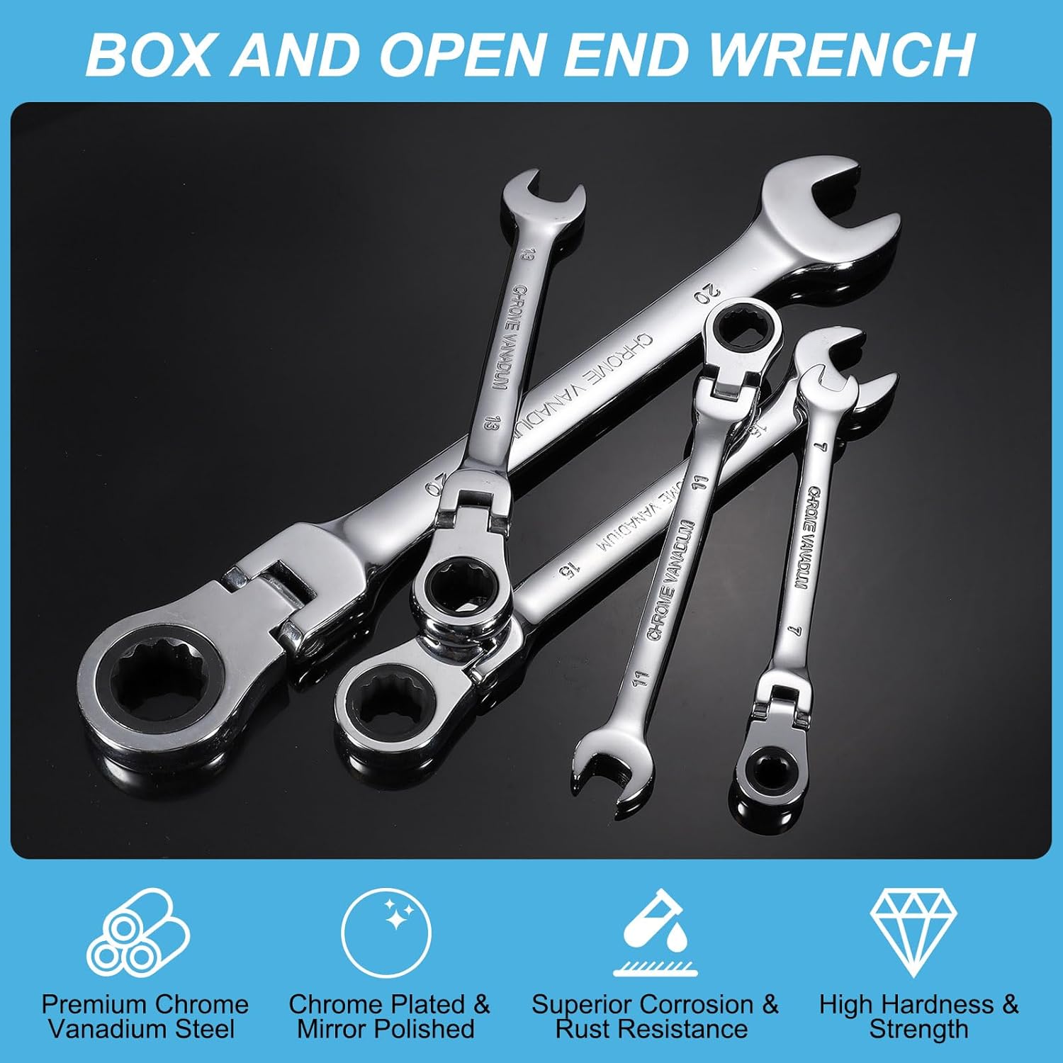 HARFINGTON Flex-Head Ratcheting Combination Wrench 32mm 72-Teeth Metric Standard Ratchet Box and Open End CR-V Steel Double Ended Wrench for Fasteners Nuts Bolts