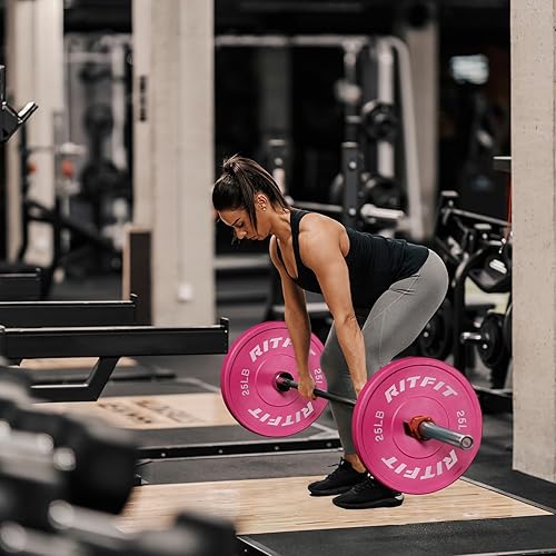 Miniatura 7 de RITFIT Placas de peso rosa, placa de pesas olímpica de 2 pulgadas, placas de parachoques con inserto de acero, pesas rosas para gimnasio y hogar