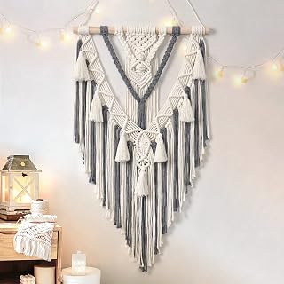 Dremisland Boho Macrame Wall Hanging - Handmade Geometric Woven Tapestry Beige Grey Cotton Tassel Decor for Bedroom Living Room Nursery