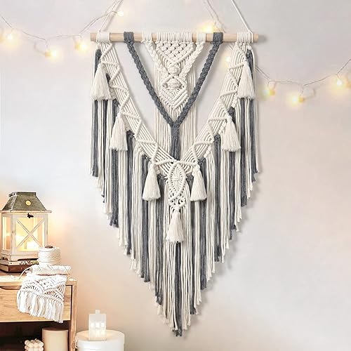 Dremisland Macrame Woven Wall Hanging Boho Geometric Woven Tapestry Beige