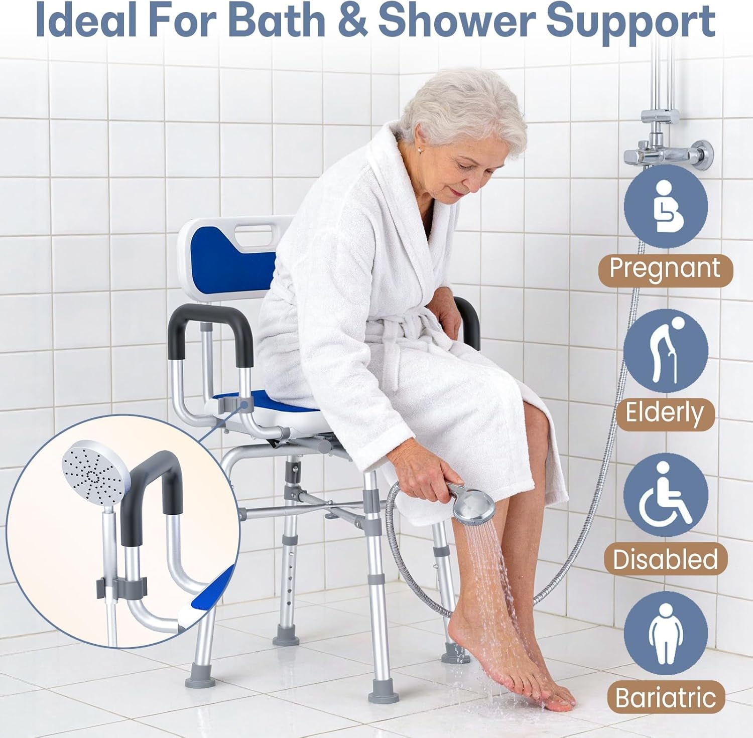 Swivel Shower Chair with Arms and Back, 550 LBS Heavy Duty Shower Chair, Handicap Shower Chair for elderly and disabled, Shower Chair for Inside Shower Stall & Bathroom Bath Tub Seats Adjustable Stool