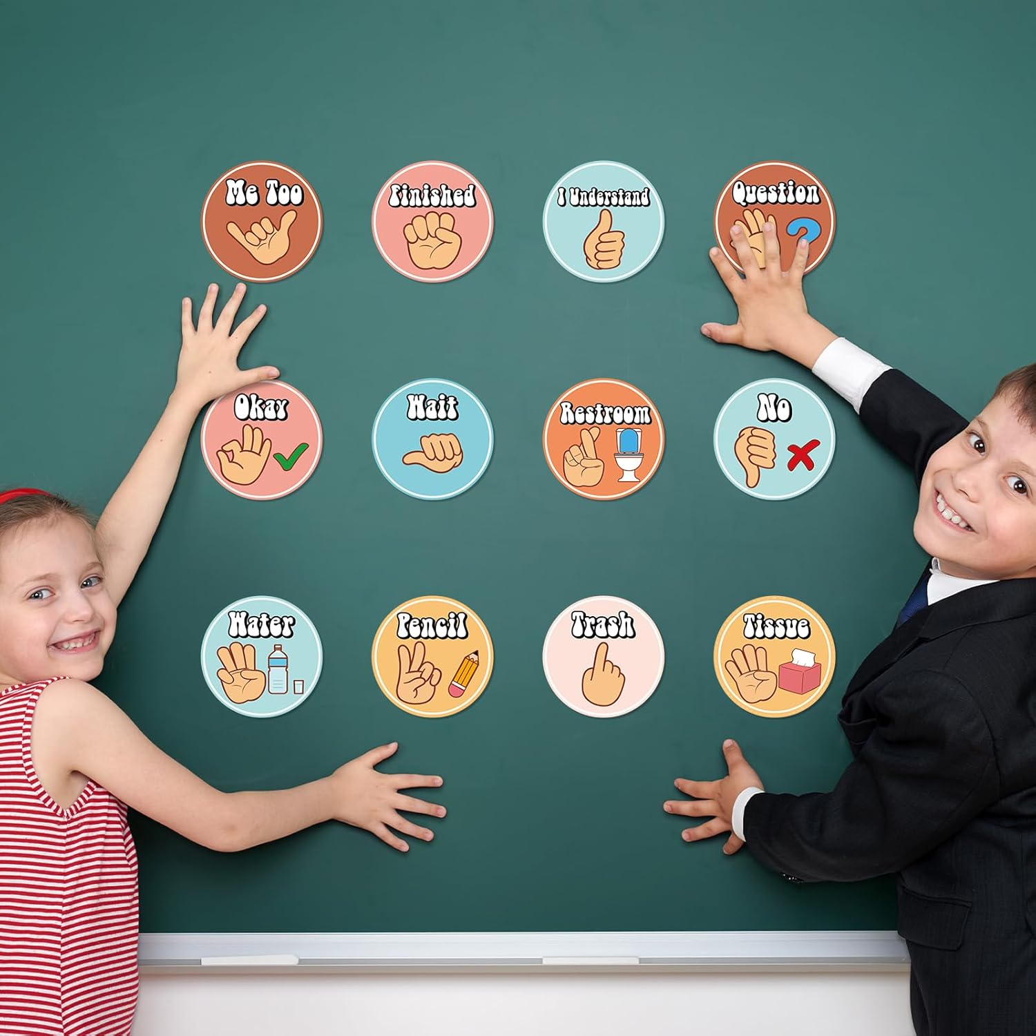 Naozinebi 12 PCS Boho Seat Signals Posters Classroom Hand Signals Decors for Teachers Students Visual cues Seat Signal for School Kindergarten Bulletin Board nonverbally Communicate Supply Decoration