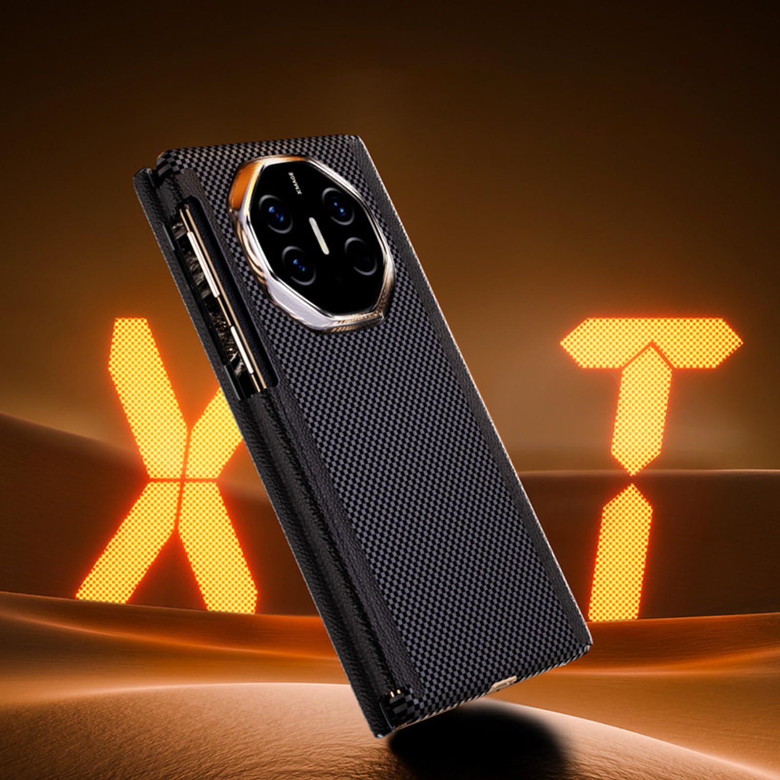 Housse pour Huawei Mate XT, Charnière Antichoc Coque Arrière en Cuir Fibre De Carbone Texture Mince Luxe Protection Étui,Noir,Mate XT