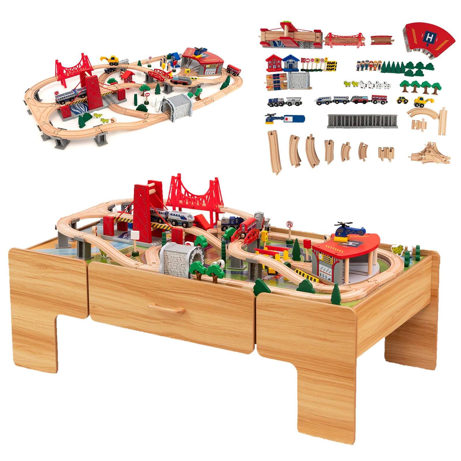 FIREFLOWERY Train Table, Kids Activity Table with 100 Pieces, Storage Drawer, Wooden Train Set with Reversible Tabletop, Ideal Gift for Boys and Girls Ages 3+ Years