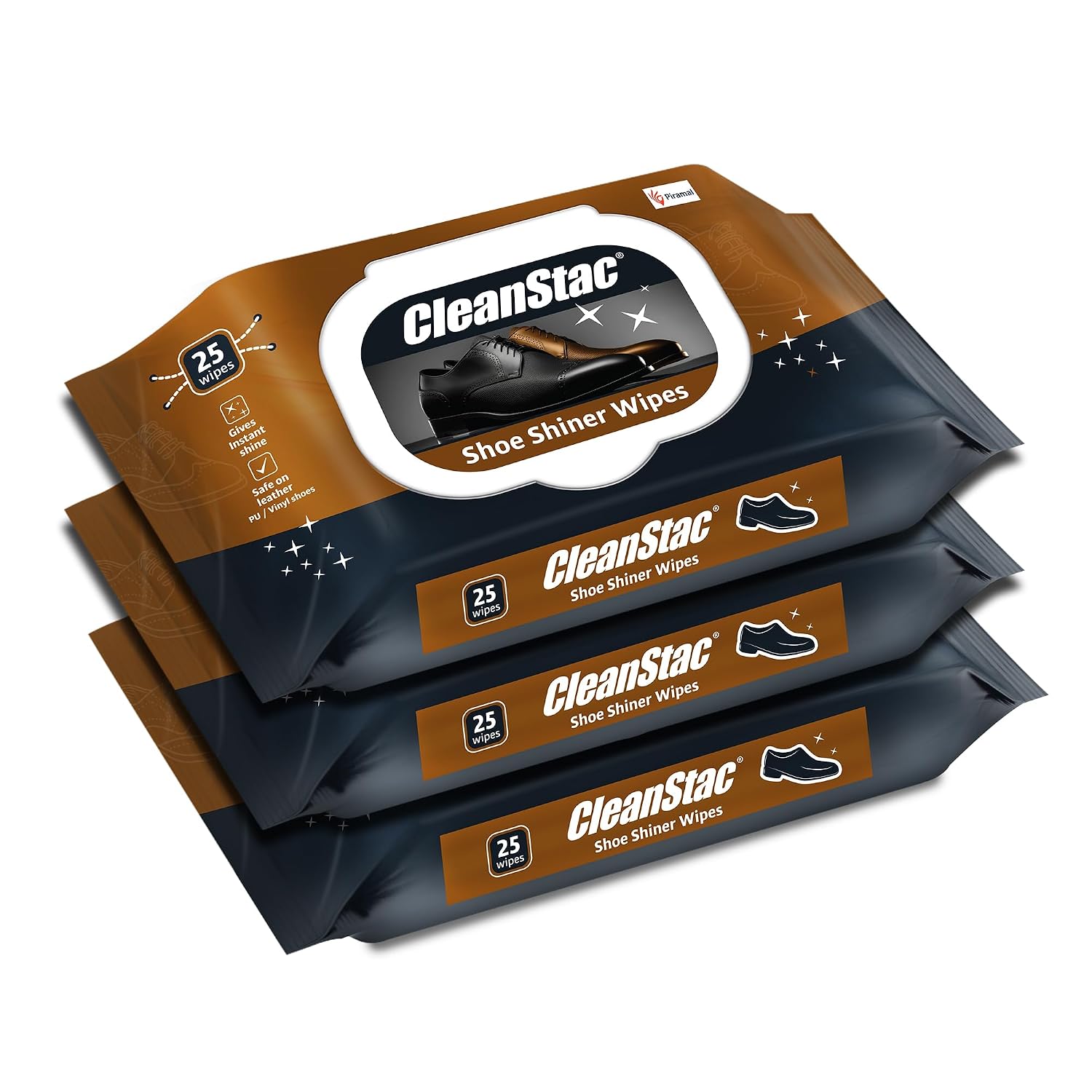 Cleanstac Formal Shoe Shiner Wipes | 75 Count, Brown | Packet with Lid | Instant Shine for Leather & Formal Shoes