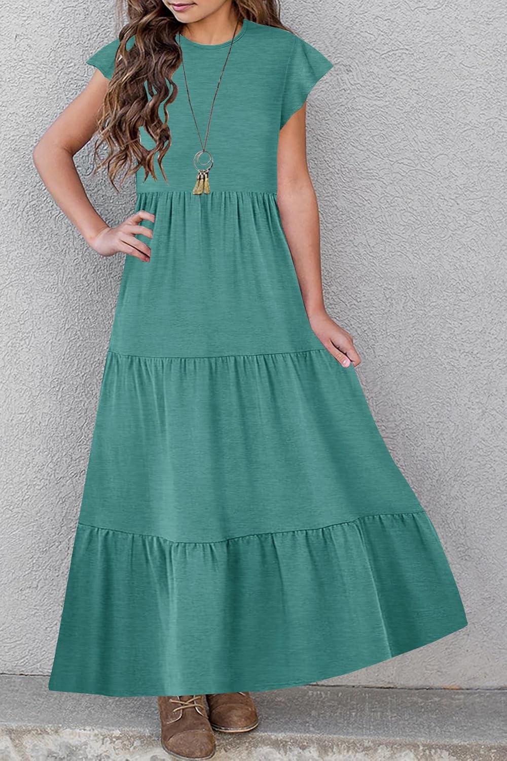 HOSIKA Girls Summer Casual Ruffle Short Sleeve Crewneck Aline Flowy Tiered Beach Maxi Sundress with Pockets for 6-12 Y - Image 2