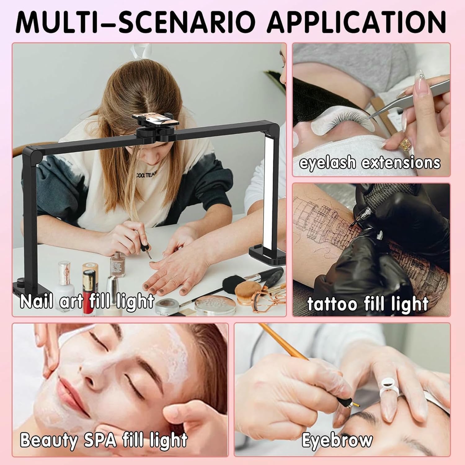 LED Half Moon Nail Lamp, 34in Foldable Nail Light with Holder, 3 Modes 3000K-6000K Manicure Lamp, Half Moon Light for Lash Eyelash Extension