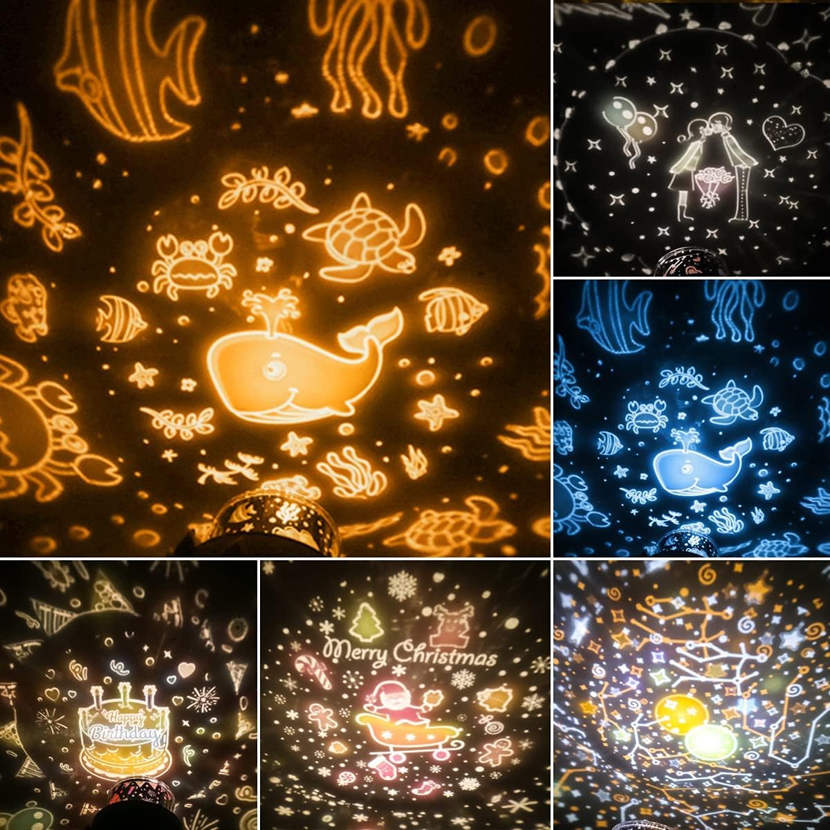 Collage of various projection themes from the URAQT Star Projector Night Light, including ocean, birthday, Christmas, and starry sky.