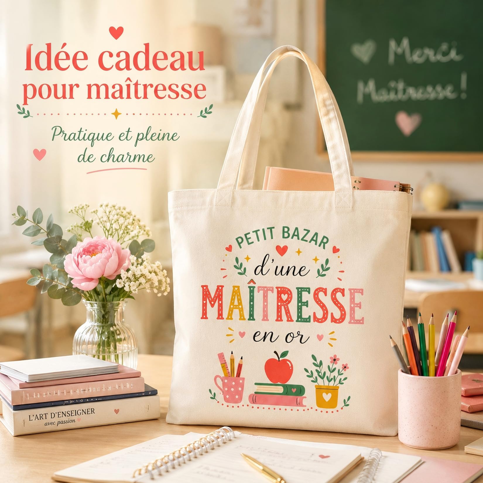 Tote Bag Cadeau Maîtresse d'École, Idée Cadeau Maîtresse Original, Joyeux Noël à la Maîtresse, Sac Cabas Cadeau Fin d'Année et Noël