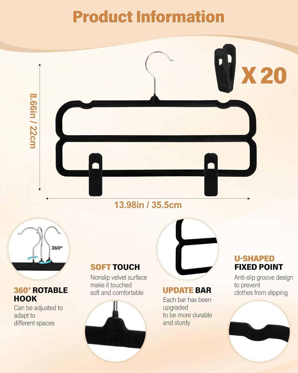 WJWSKI Velvet Pants Hangers with Double Non Slip Bar - with Adjustable Clips- Thin Space Saving Clothes Hanger - 360° Swivel Felt Trouser Hanger Perchas Terciopelo 10 Pack (Black)