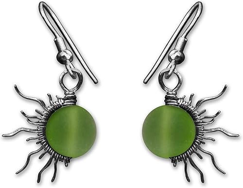 Frosted Lime Green Sea Glass 6mm Mini Sun Dangle Earrings in Steel, Copper, Bronze, Black Iron, Titanium, Sterling Silver, 14K Gold, Rose Gold, or