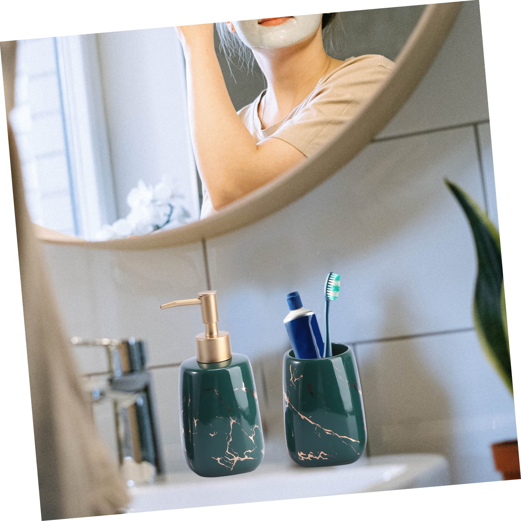 Holibanna Conjunto de Accesorios para Baño de Cerámica Verde de 3 Piezas Bandeja de Jabón y Portacepillos Fácil de Limpiar para Mantener el Baño Ordenado