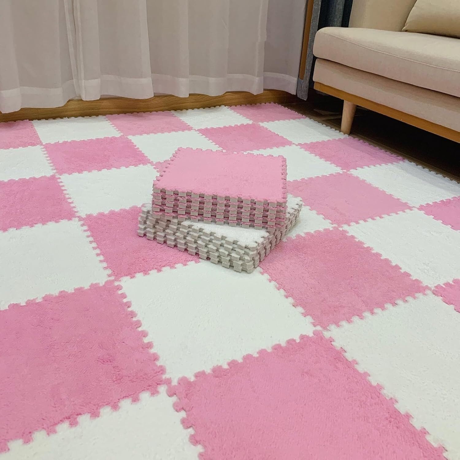 JvFbjLF Plush Foam Interlocking Floor Tiles Mats 1x1ft Foam Splicing Carpet Tiles With Edgings(Pink+white,20pcs)