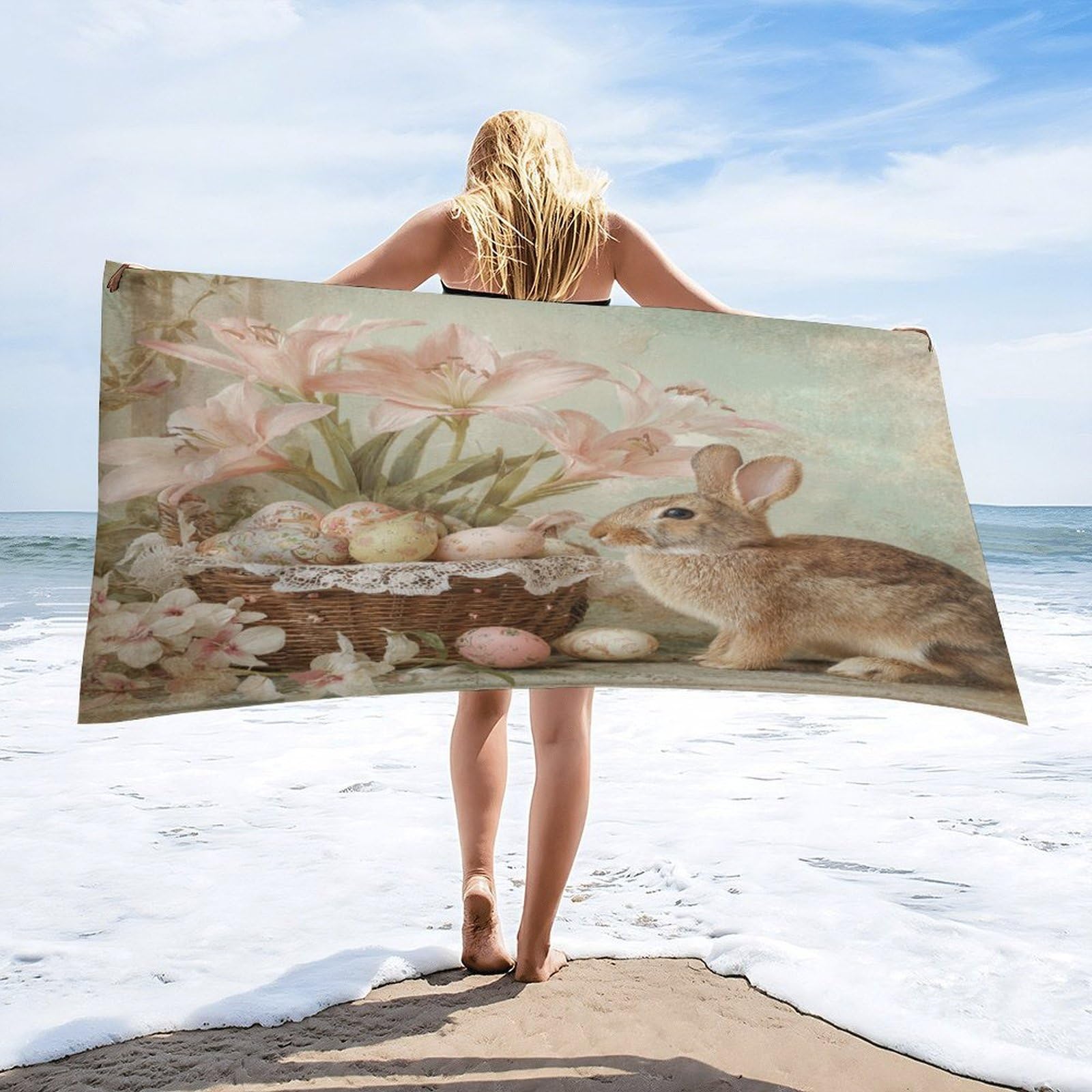 Luyysky Modern Abstract Cute Rabbit Quick-Drying Beach Towel, Beautiful Classic Easter Animal Bunny Plant Lilies Colorful Eggs Travel Vacation Single Sided Pile Bathroom Towels-80 W Cm X 160" L Cm