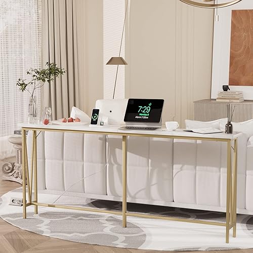 IDEALHOUSE Mesa de sofá dorada de 728 pulgadas mesa de sofá larga estrecha con tomas mesa de consola de madera con acabado de mármol blanco para