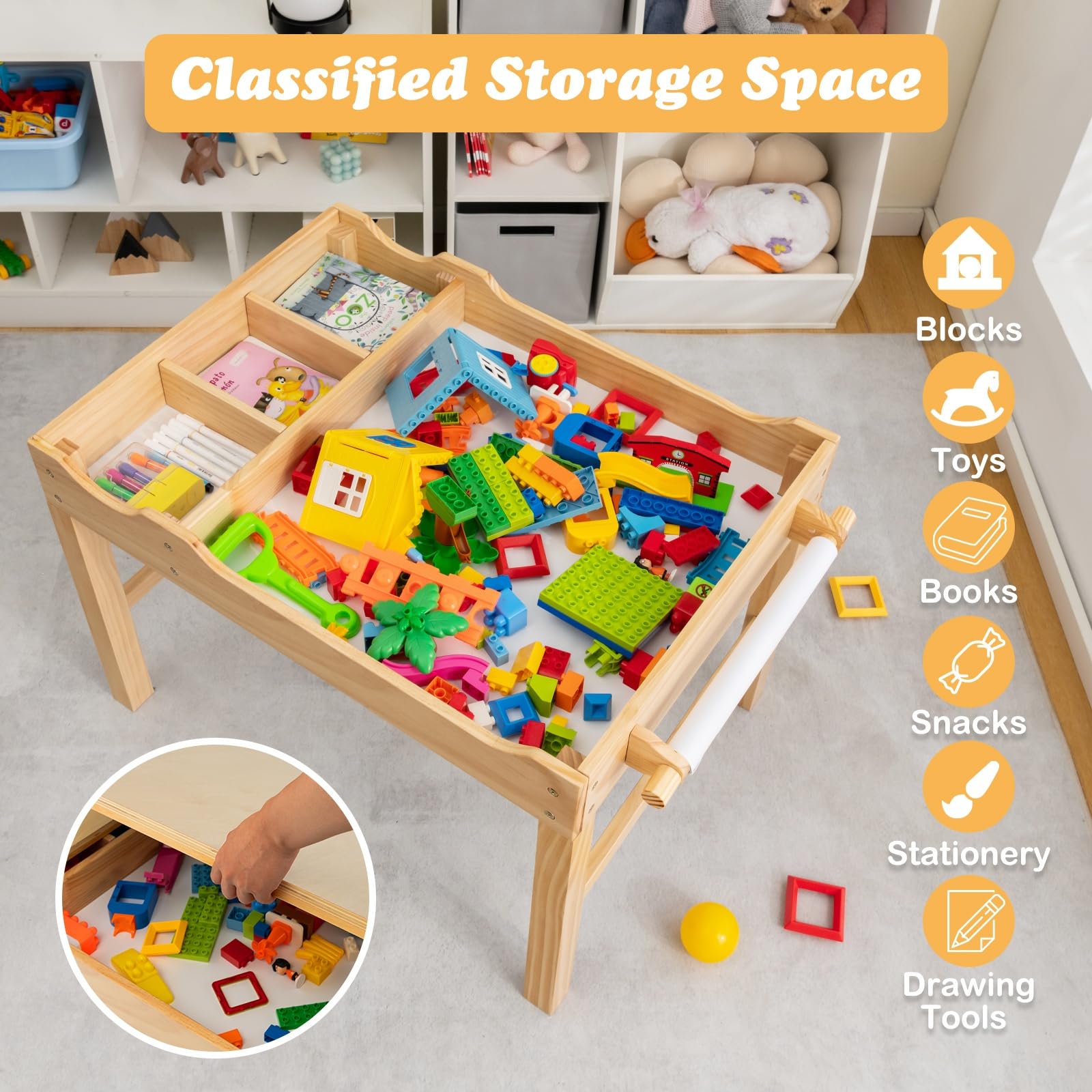 LIFEZEAL 2 en 1 Bureau à Dessin & Table de Blocs de Construction avec Espace de Rangement, Plateau Réversible, Rouleau de Papier, Table Multi-Activités en Bois pour Enfant 3 Ans+ (Naturel)