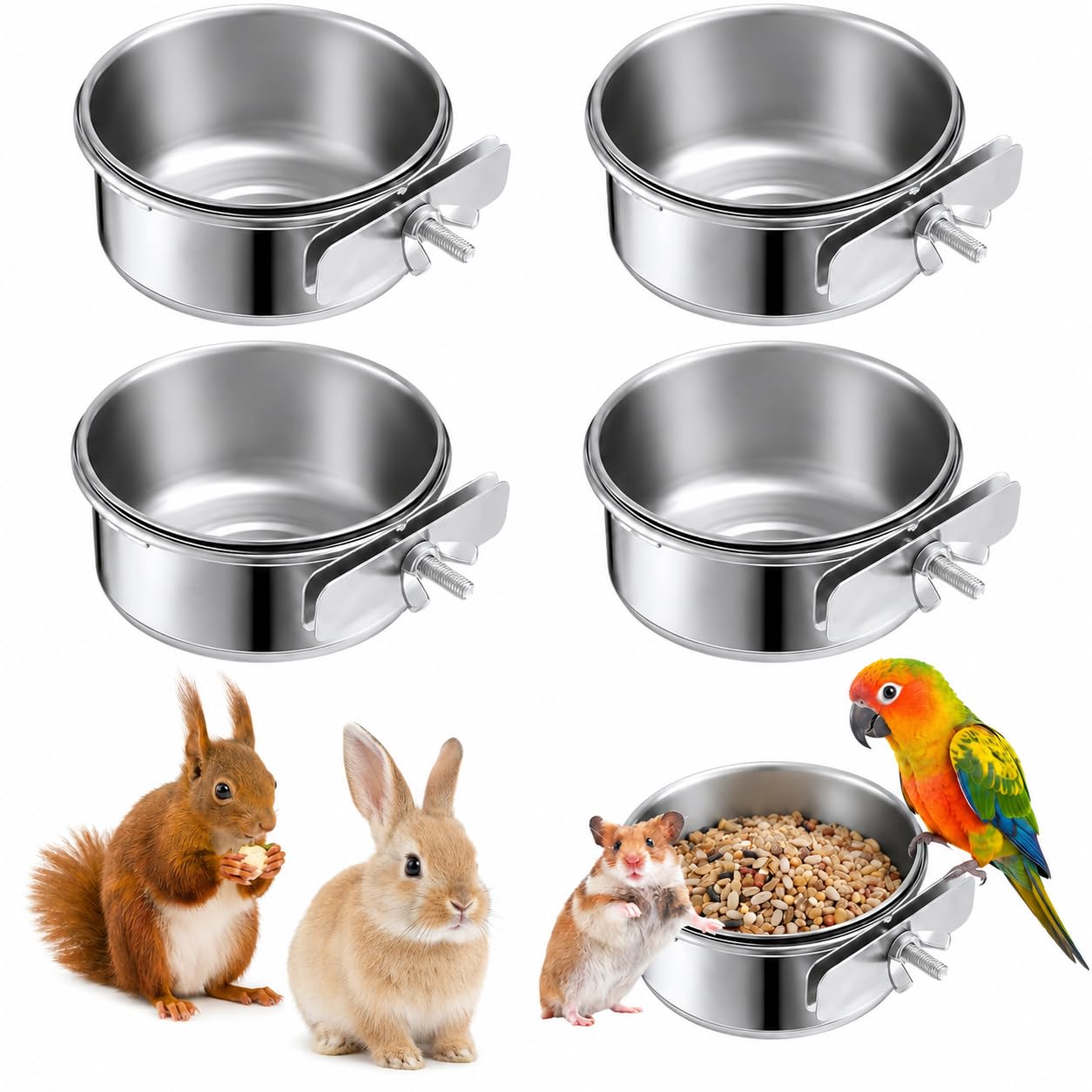 TCETCY 4 PCS Bird Feeding Dish Cups Stainless Steel Parrot Food Bowls