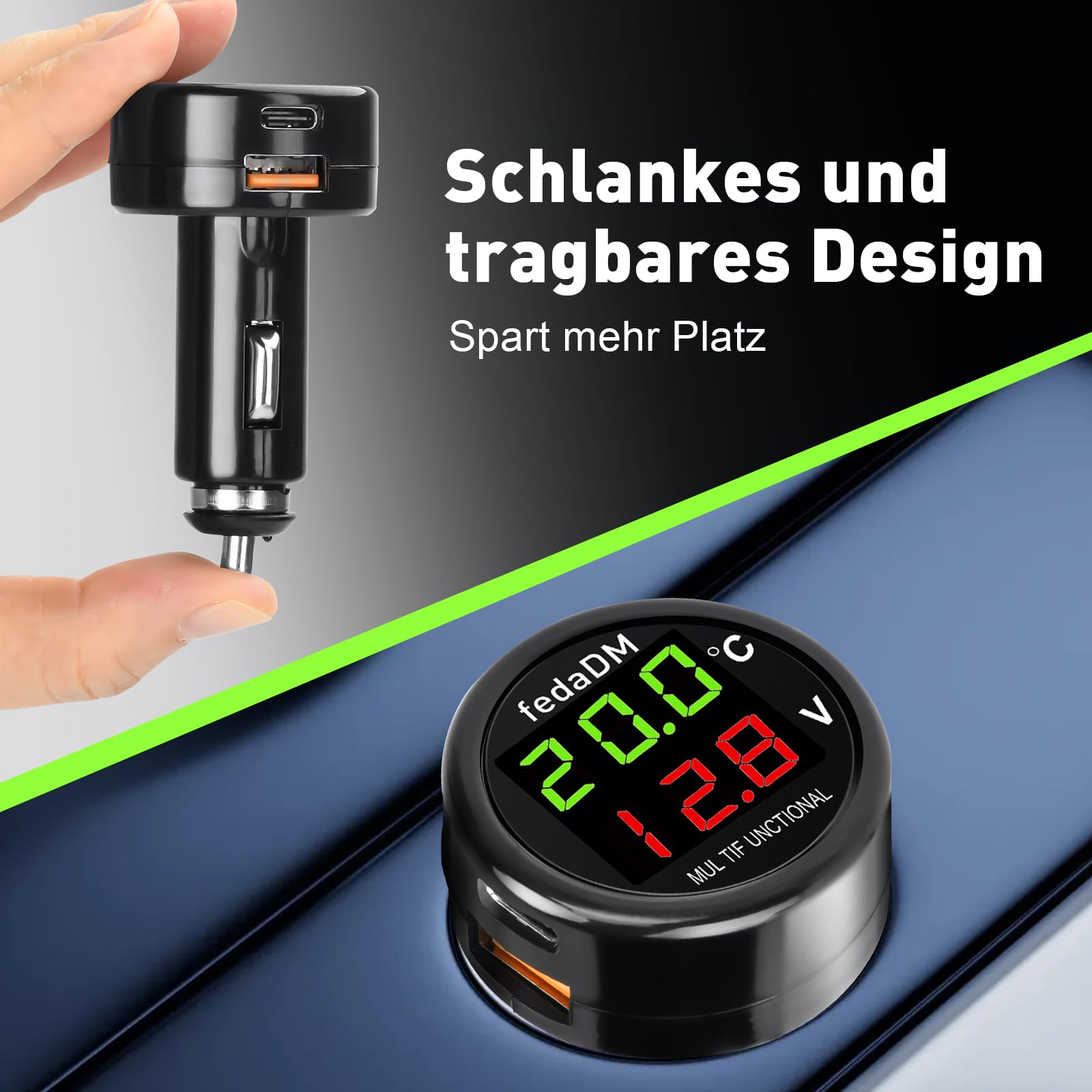 3-w-1 USB C ładowarka samochodowa, cyfrowy woltomierz samochodowy, termometr, 30W PD&QC USB zapalniczka, ładowarka, DC 12V 24V kontroler baterii, do samochodów osobowych, ciężarówek, autobusów