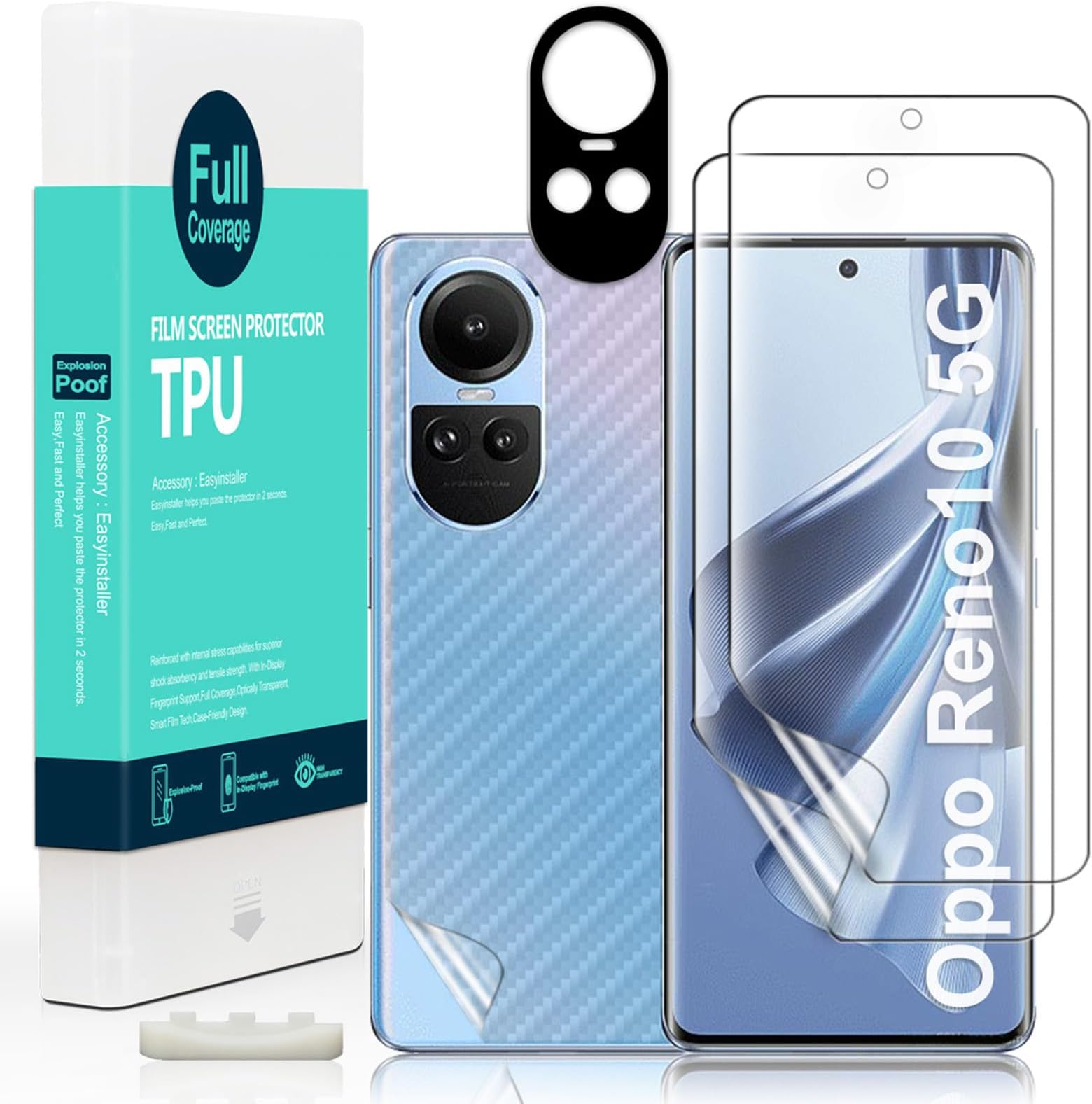 Ibywind Screen Protector For Oppo Reno10 5G 6.7",with 2Pcs Flexible TPU Film,1Pc Camera Lens Protector,1Pc Backing Carbon Fiber Film [Fingerprint Reader,Easy to install]