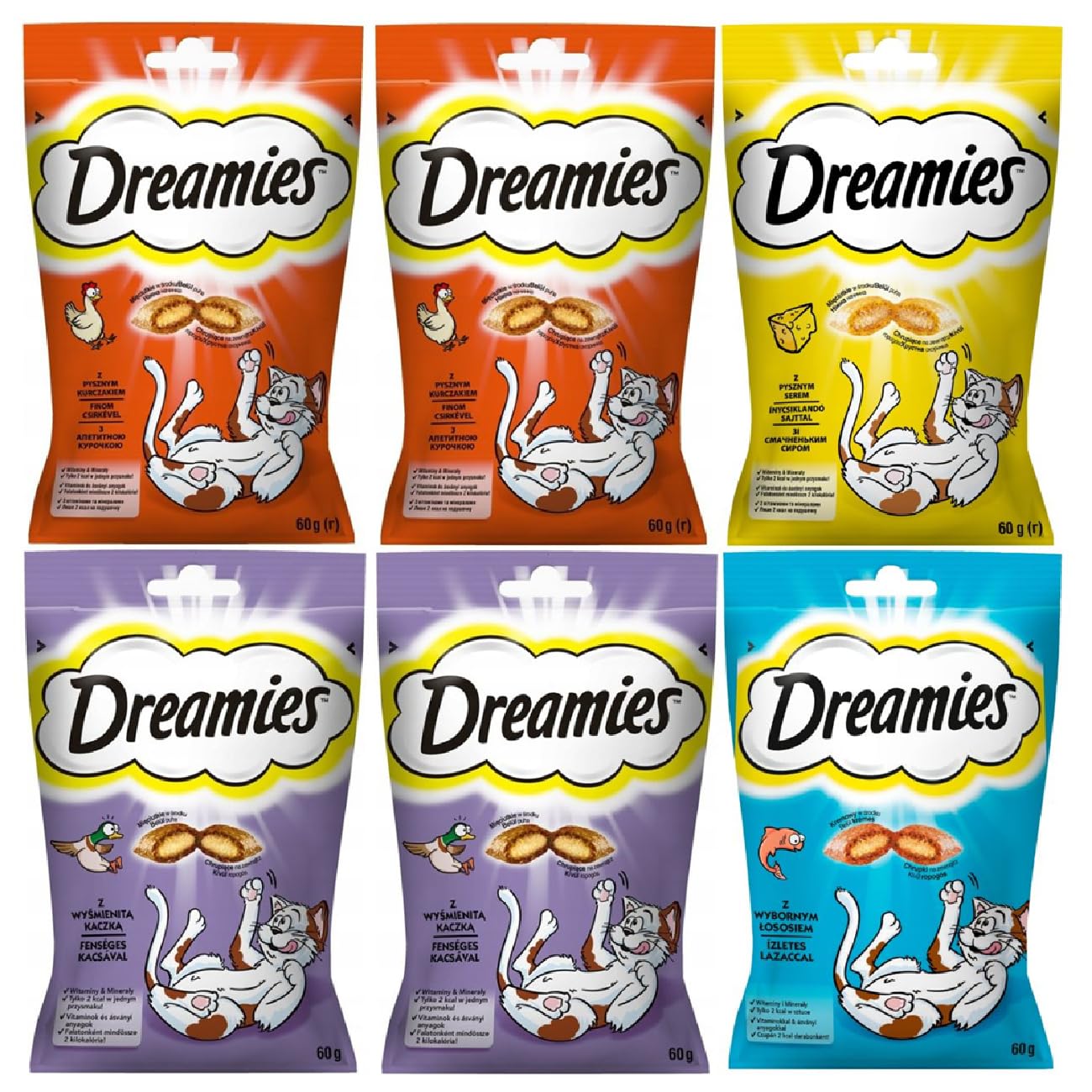 Dreamies mix smaków przysmaki dla kota z kurczakiem, z serem, z łososiem i z kaczką 6x 60g