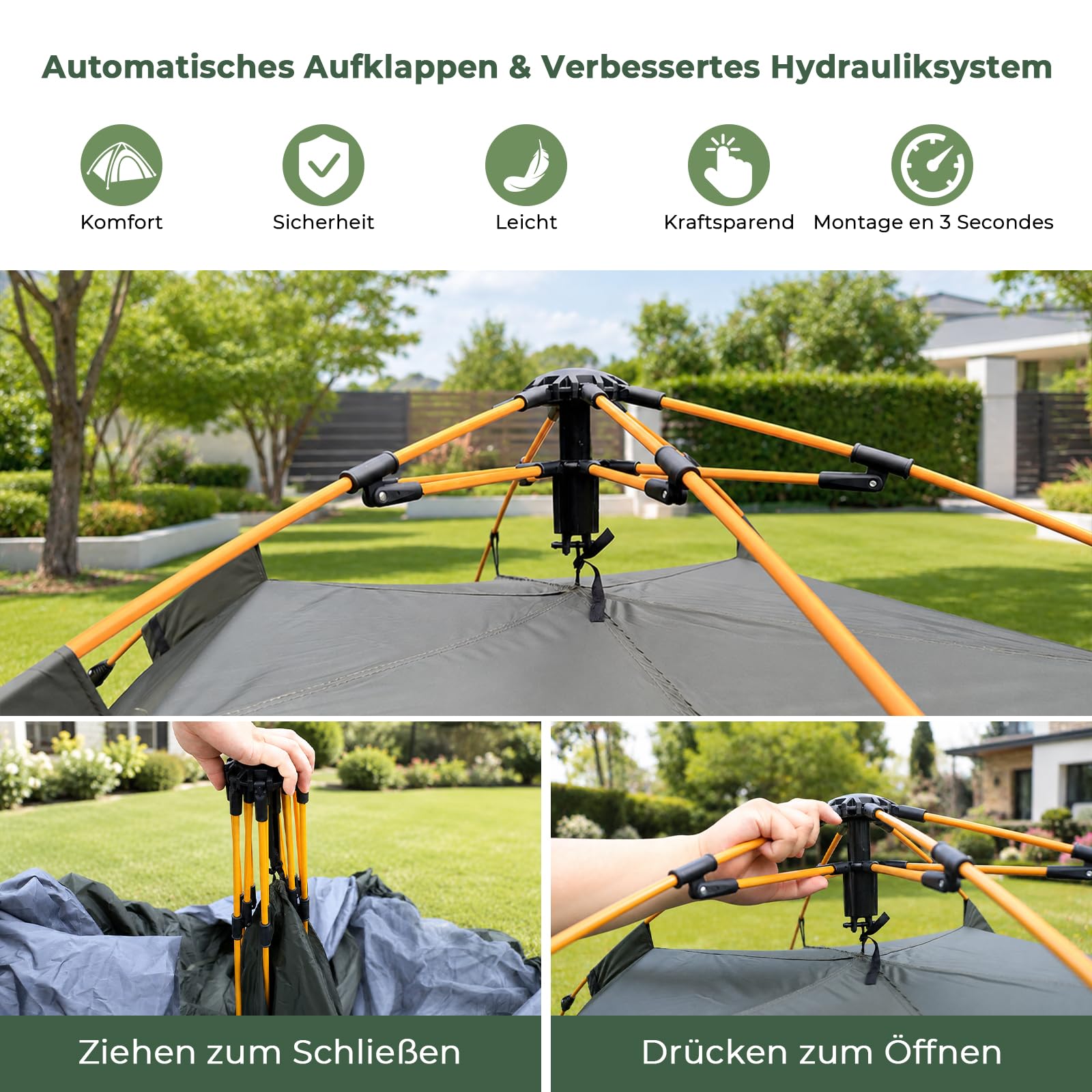 Pop Up Zelt 3-4 Personen, Automatisches Wurfzelt mit 3000mm Wasserdicht, Doppelwand Campingzelt für Festival, Trekking & Familie, Schnellaufbau in 40 Sek, 2 Türen, 2.3x2.3x1.2m, Grau