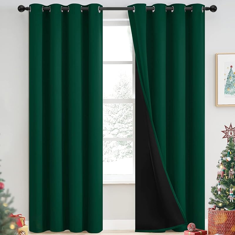 Yakamok Emerald Green Blackout Curtains 84 inches for Living Room, 52" Wide | Thermal Insulated Window Treatment Total Blocking Panels with Black Liner for Living Room/Dining Room Grommet Top 2 Panels