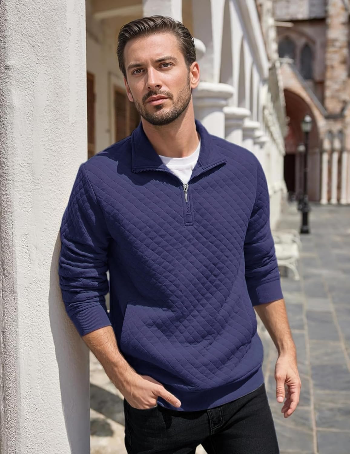 Mens Sweatshirt Quarter Zip Pullover Sweatshirt for Men Knit Mock Neck Long Sleeve Sweater Polo with Pocket - Image 3