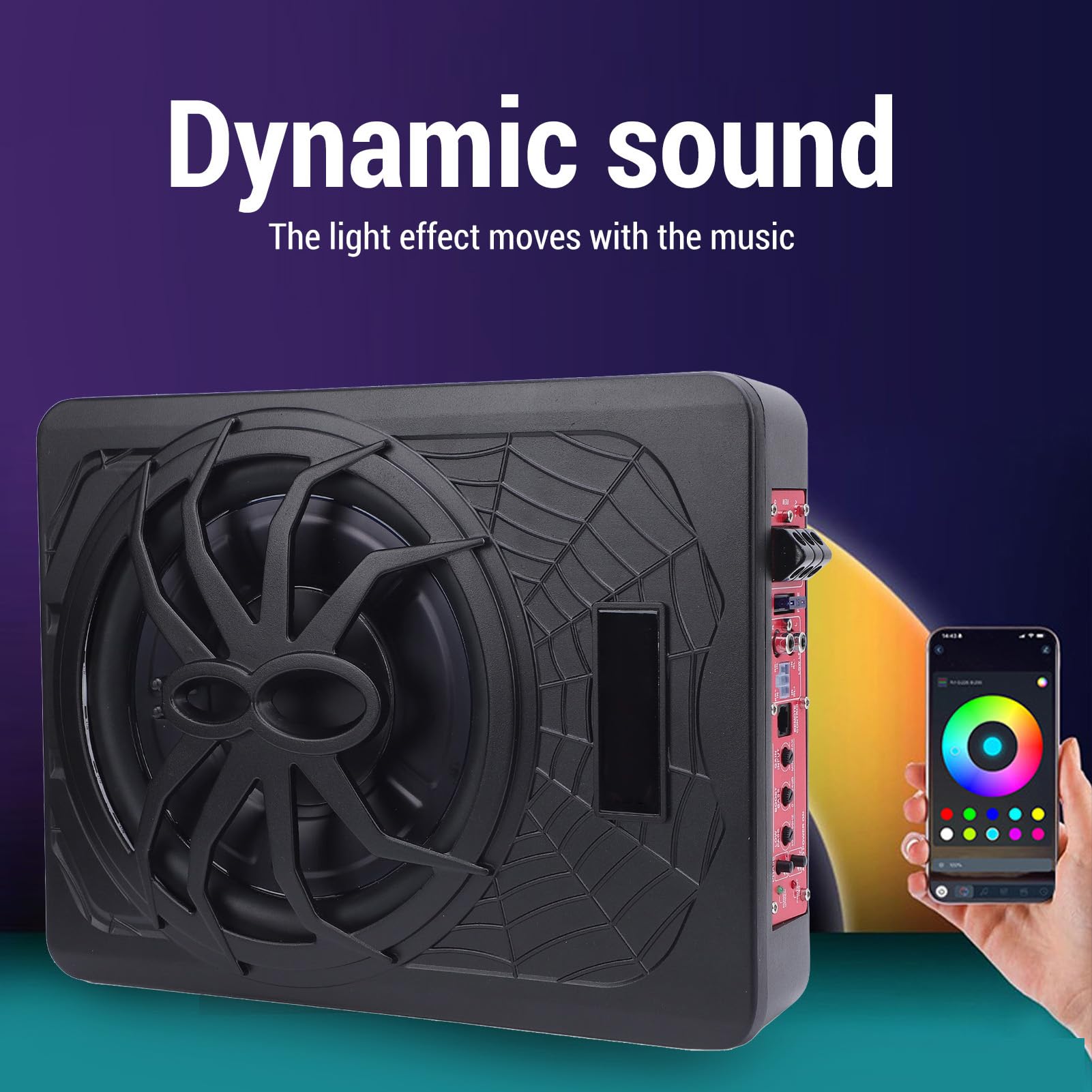 800W 10in Slim Underseat Powered Car Subwoofer with LED Ambient Light Excellent Heat Dissipation Space Saving (Colorful)