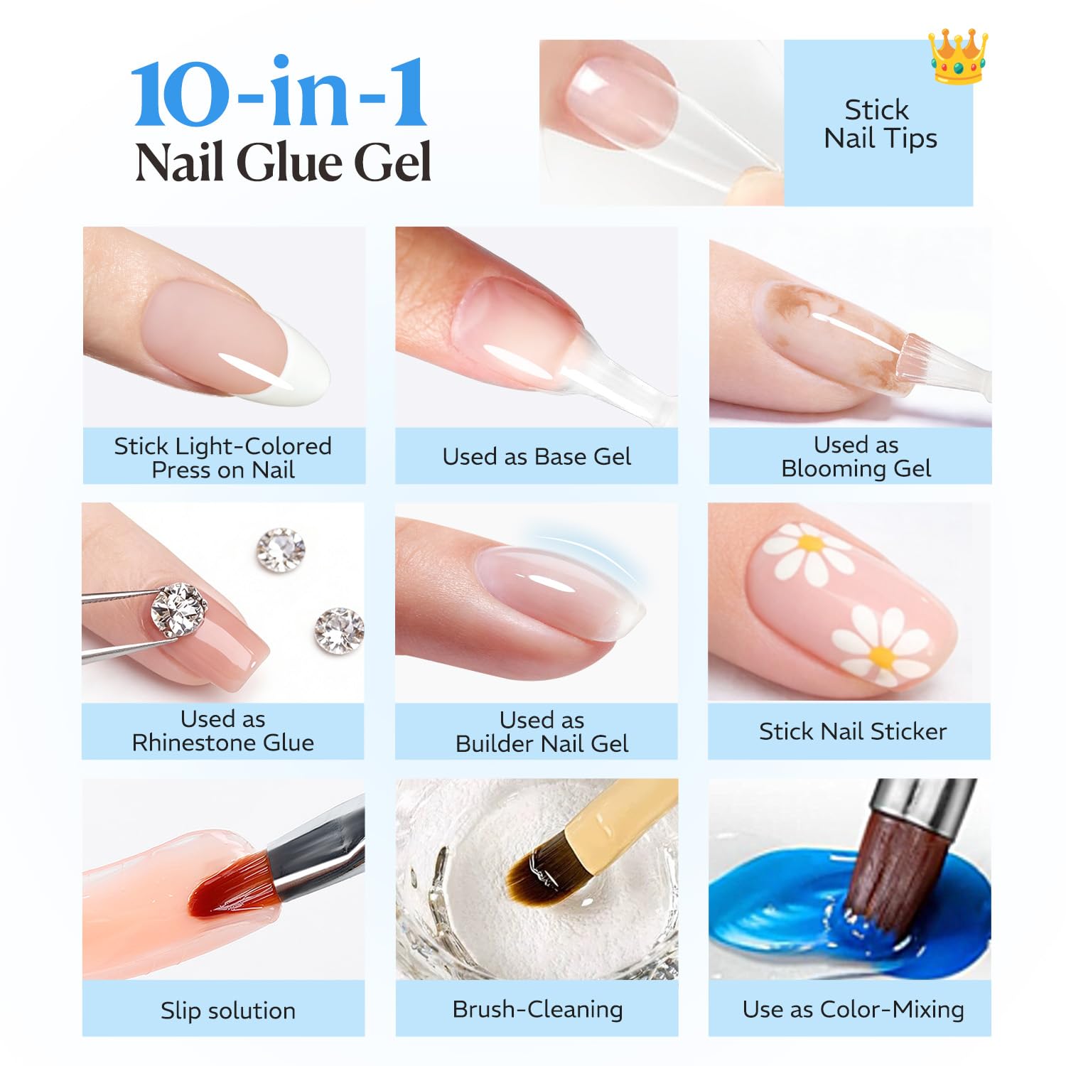 AZUREBEAUTY Gel Nail Glue, 3 Pcs 15ml Nail Glue Base Coat for False Nail Tips, Rhinestones, U V Light Needed