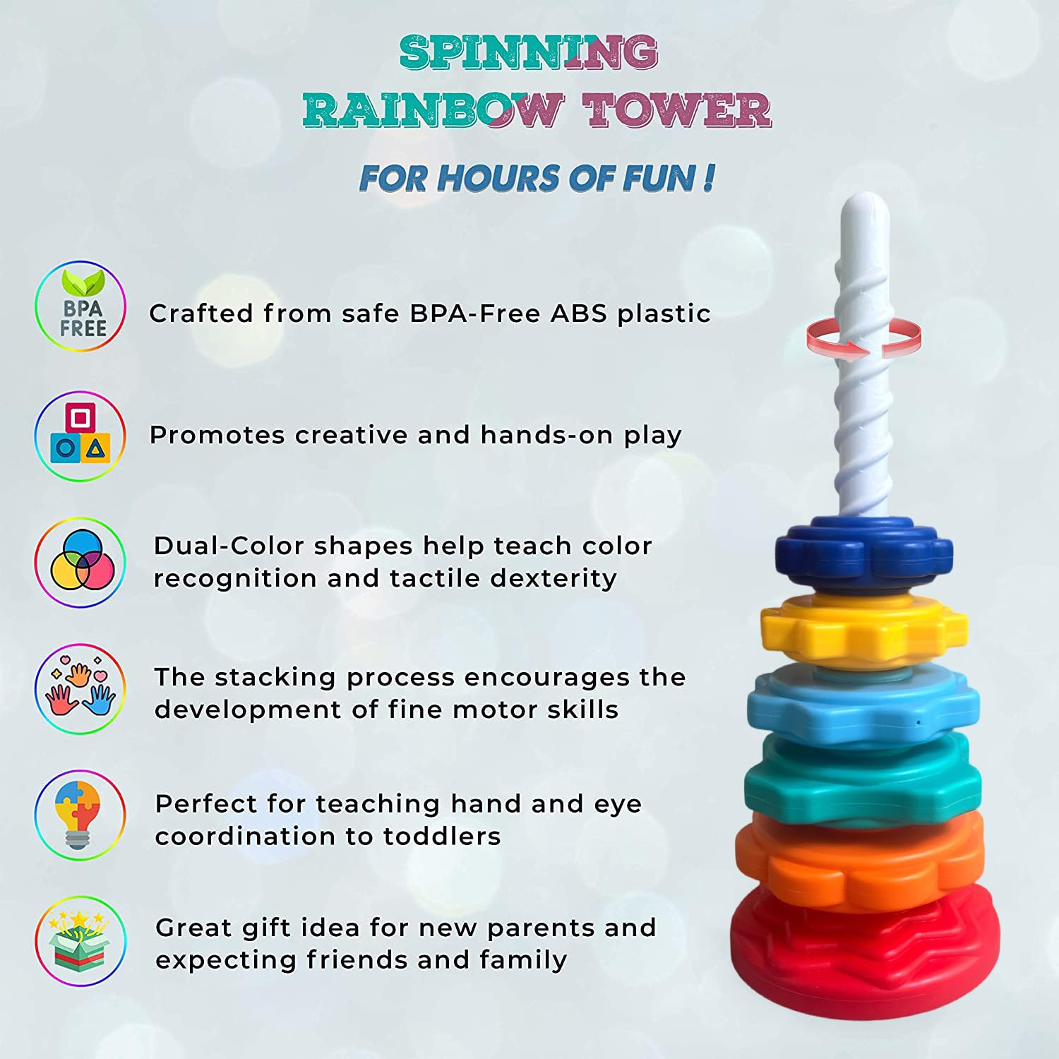 Spinning Toy, Premium Stacking Toy for Kids, One Year Old Stacking Toys, Strong ABS Plastic, Rainbow Spinning Wheel - Image 3