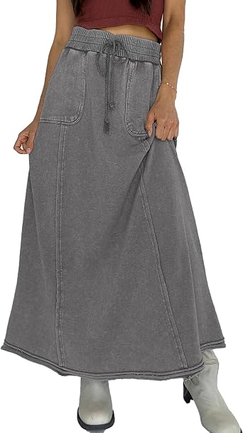 Ainangua Womens Washed High Waist Maxi Skirt Elastic Long SkirtDark-Gray,M