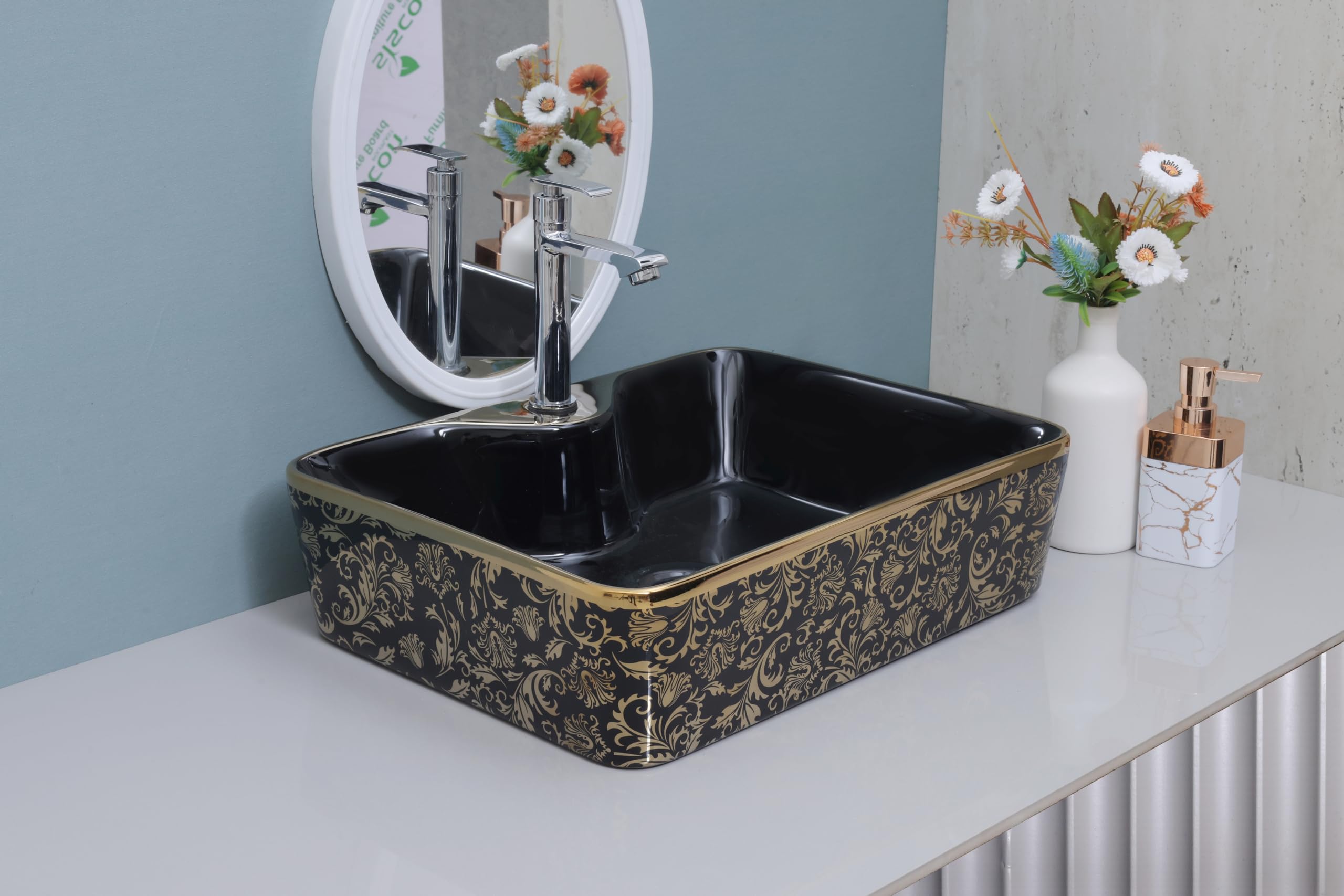 HISRE Ceramic Table Top Wash Basin (19x 14 x 5 IN), Luxrious Rectangle Over the Counter Glossy Wash Basin, European Style Designer Countertop Vessel Sink for Bathroom & Living Room (Black Gold), photo 2 of 4