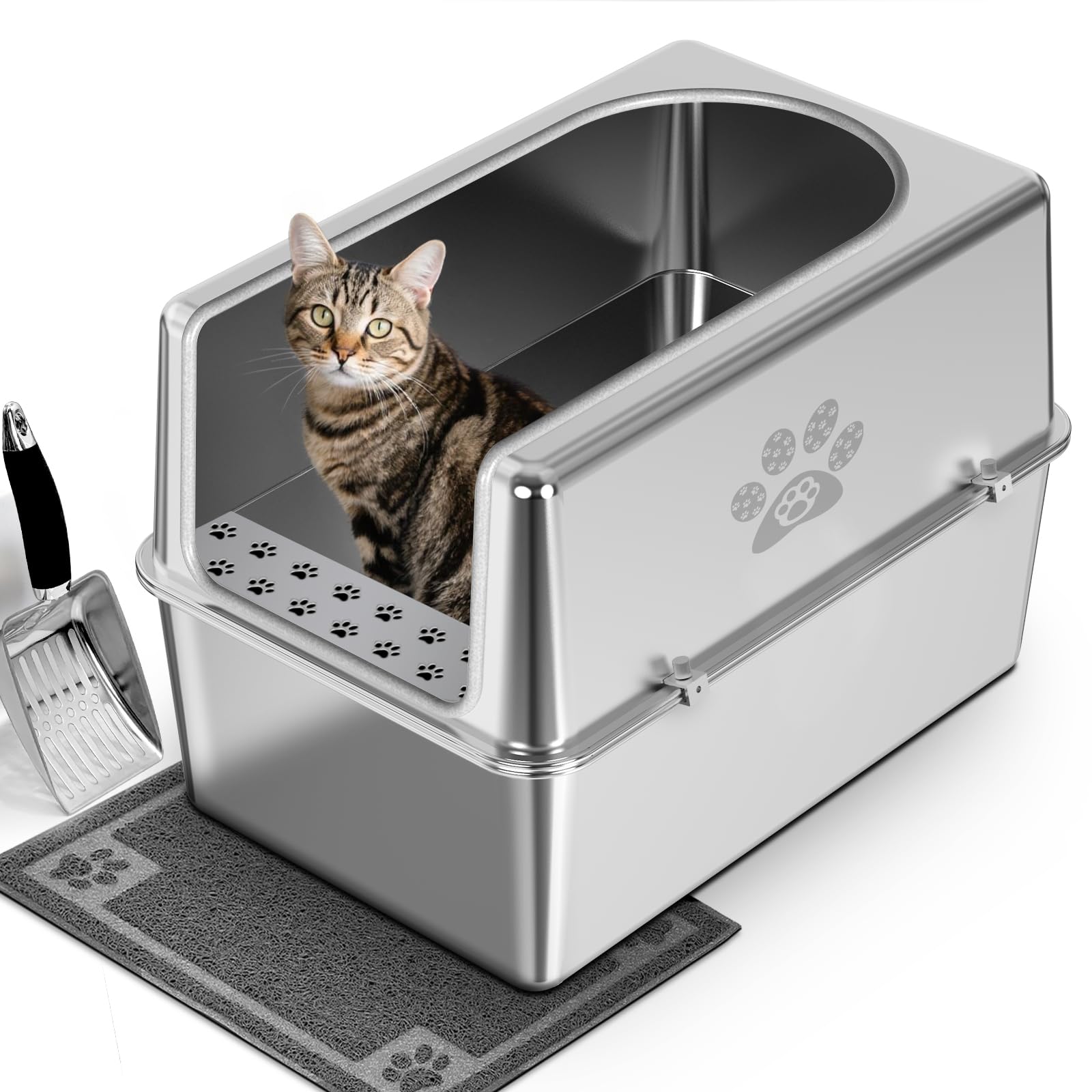 Geschlossene Edelstahl-Katzentoilette Mit Deckel – 50x35x20 Cm, Mit Schaufel & Matte, Auslaufsicher