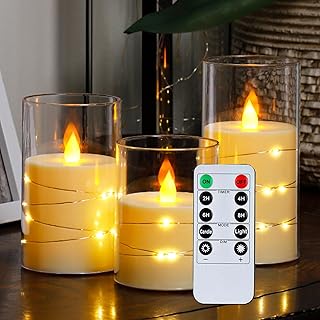 3-Pack Flameless Candles with Remote Timer,Battery Operated Flickering Flameless Candles,LED Pillar Candle with Embedded String Light for Home Decor