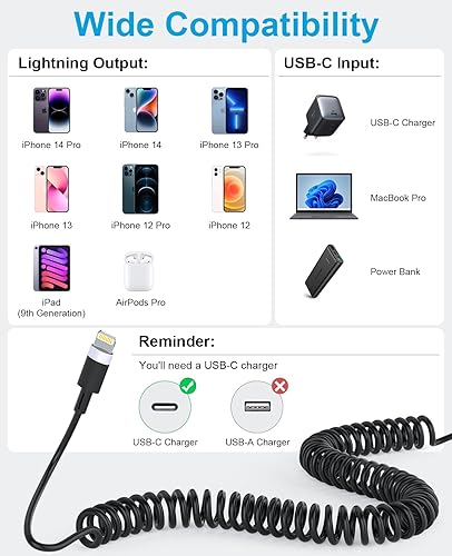 Miniatura 7 de Cable USB C a Lightning Apple CarPlay de 3 pies, paquete de 2 unidades, cable Lightning en espiral, cable de carga para iPhone con certificación MFi