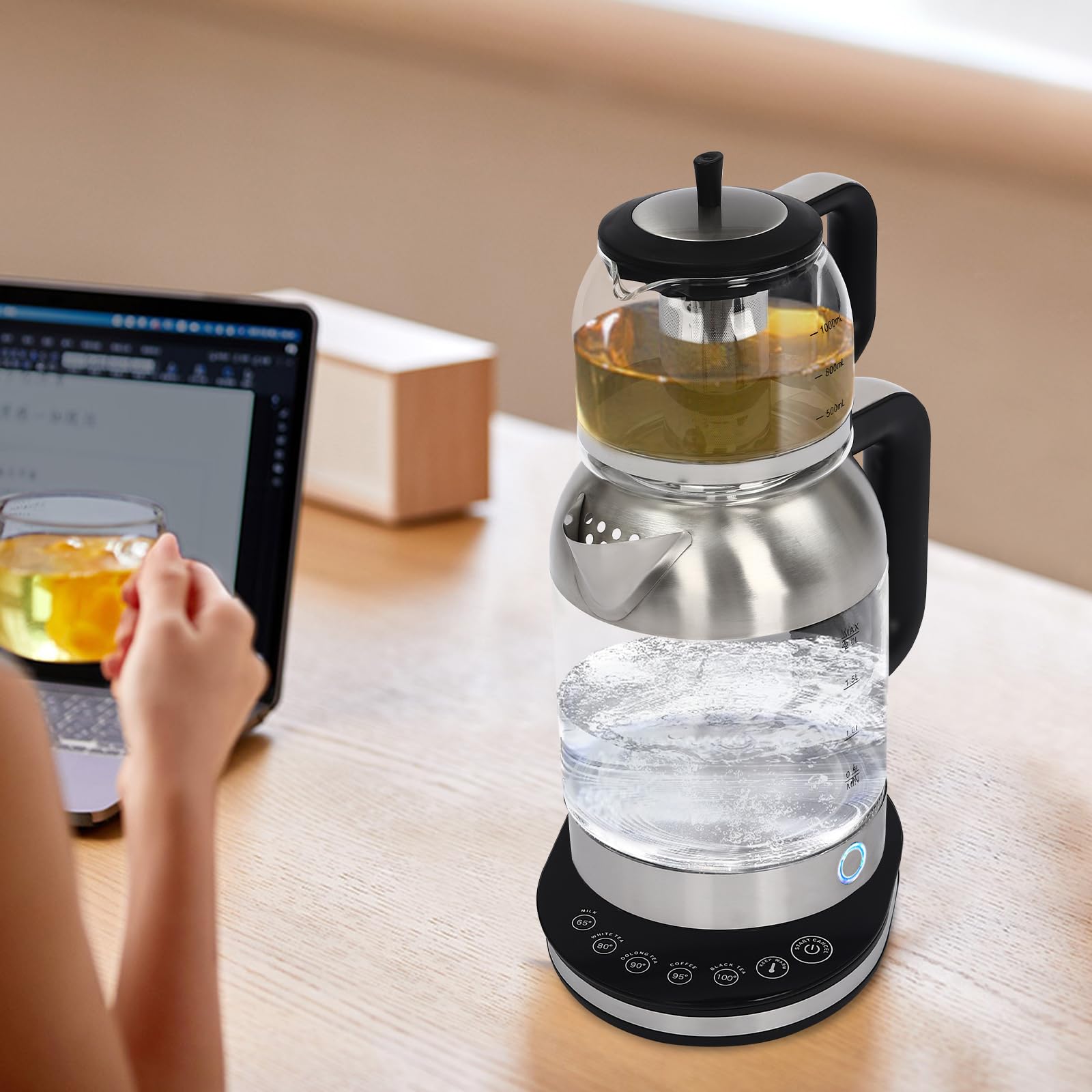 Doppelter Wasserkocher Teekocher, Tragbarer Glas Heißwasserkocher mit Temperaturregelung, für Büros, Hotels, Wohnungen, Hausgebrauch (2.5L Großen Wasserkochers+1L Kleinen Teekanne)