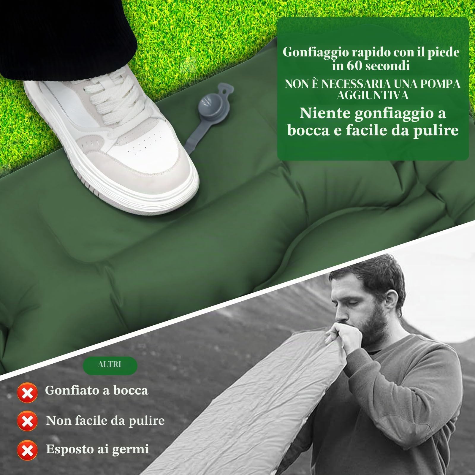 Frasheng Materassino Campeggio Autogonfiabile, Ultraleggero Autogonfiante Materasso Singolo con Pompa a Pedale, Pieghevole Materasso Campeggio per Trekking Escursionismo Campeggio Tenda, Verde