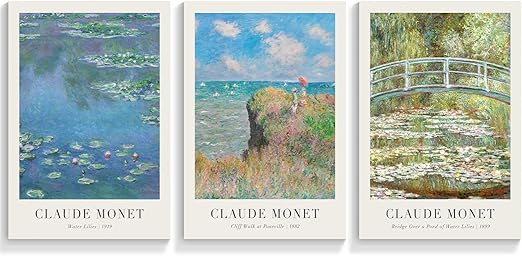 NONPAI Vintage Claude Monet Poster Famous Water Lilies Canvas Wall Art Cliff Walk At Pourville Print Painting Botanical Floral Pictures Wall Decor for Living Room Bedroom 3 Set 12x16in Unframed