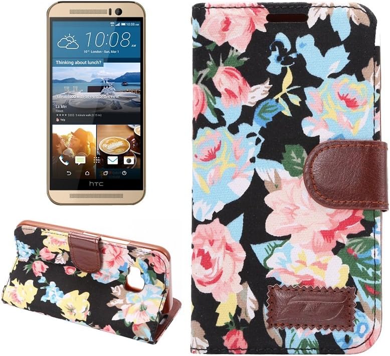 Htc One M9 Case,vintage Black Flower Magnetic Flip TPU Jacquard Leather Wallet Flip Card Slot Stand Cover Case for Htc One M9