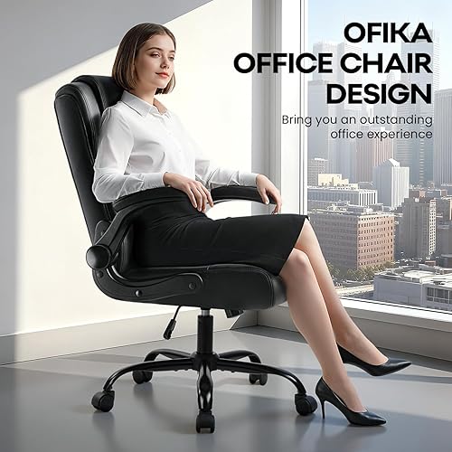Miniatura 8 de OFIKA Silla de escritorio de oficina de cuero, silla de oficina ergonómica con soporte lumbar, silla de computadora, silla ejecutiva de cuero con