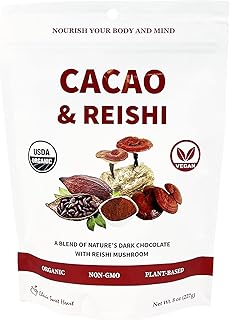 Cacao & Reishi Mushroom Blend Powder, 8oz - Organic, Non-GMO, Vegan, Gluten Free, Keto Bag – Antioxidant-Rich Raw Cacao with Adaptogens to Support Relaxation & Wellness