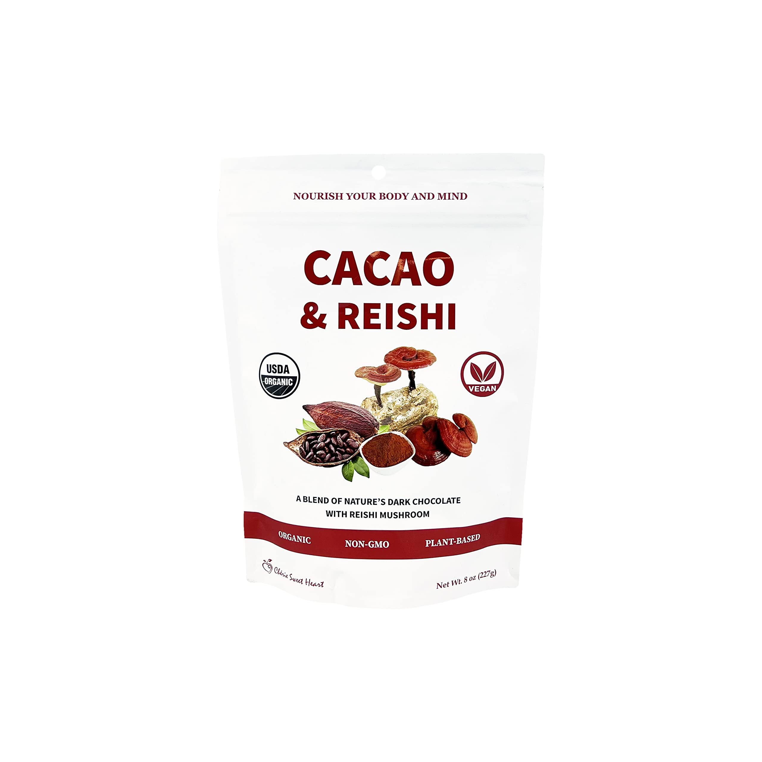 Cacao & Reishi Mushroom Blend Powder, 8oz - Organic, Non-GMO, Vegan, Gluten Free, Keto Bag – Antioxidant-Rich Raw Cacao with Adaptogens to Support Relaxation & Wellness
