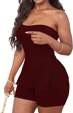 LovelyWholesale Shorts Sets Women 2 Piece Outfits Split Ribbed Tube Tops and Shorts Matching Sets