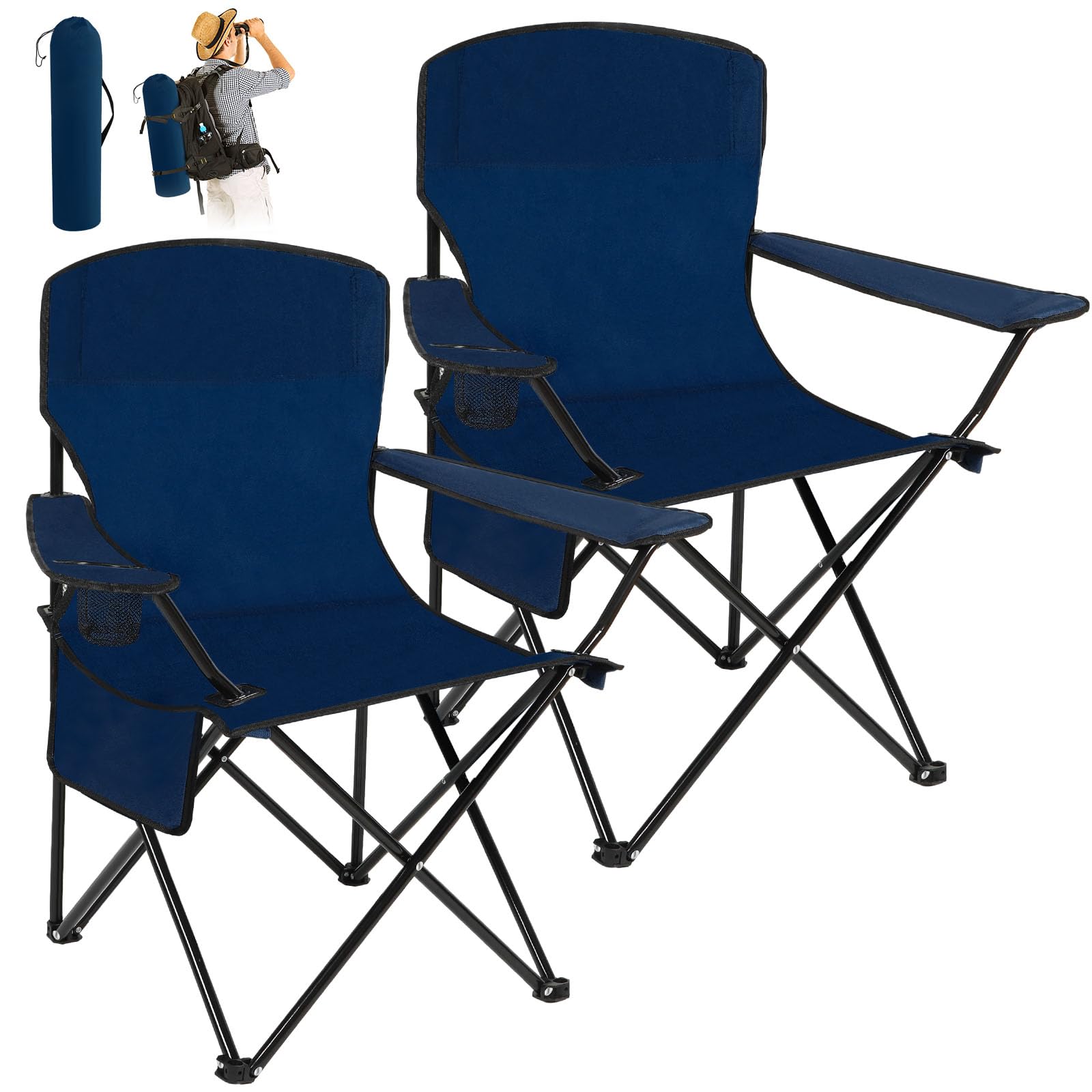 2 Pack Oversized Folding Camping Chairs Heavy Duty Lawn Chairs with Carrying Bag Cup Holder Portable Collapsible Chairs for Outdoor Sports Garden Beach(Navy Blue, 35.8 x 23.6 x 37.8 Inches)