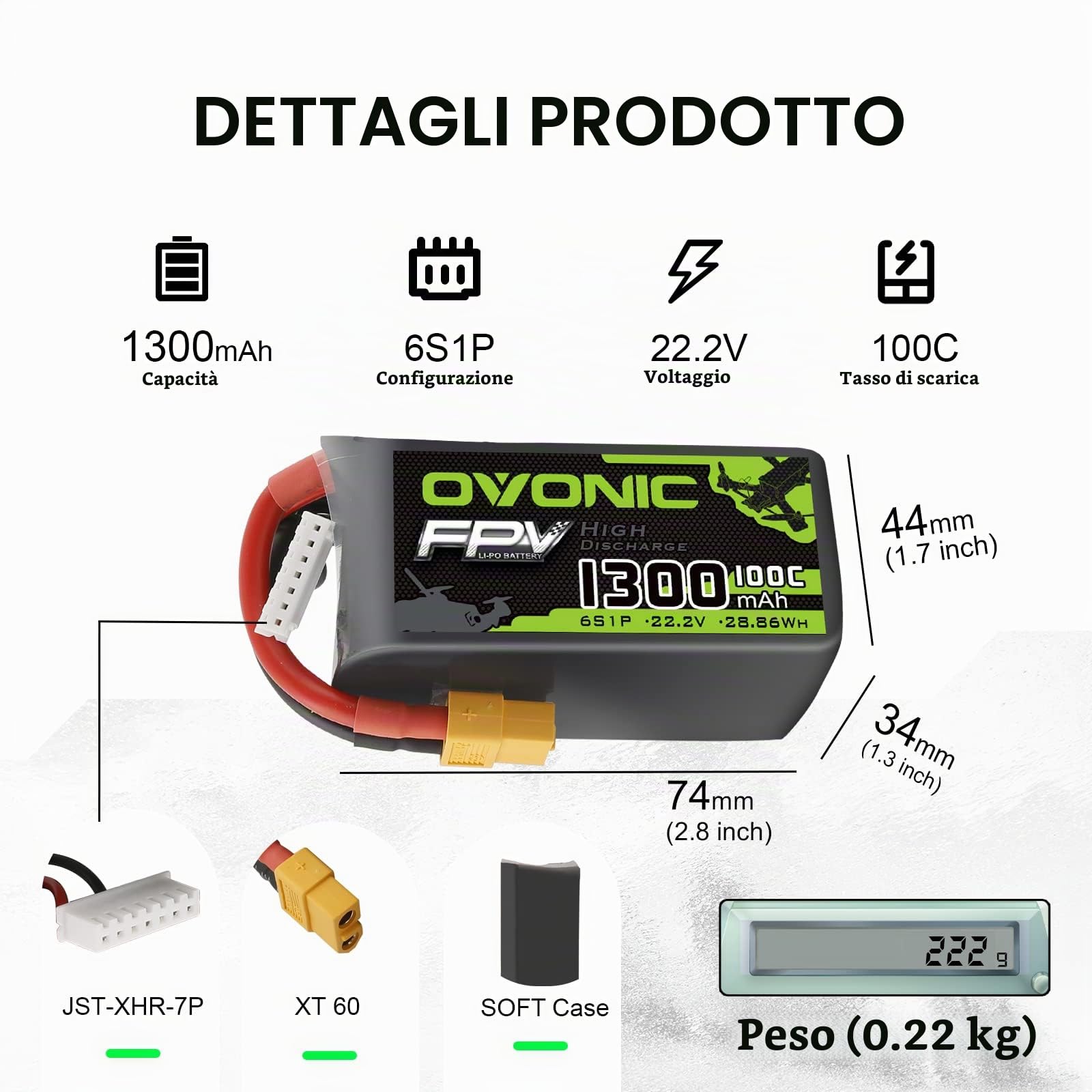 OVONIC Batteria Lipo 6s 1300mAh FPV Batteria 100C 22,2V con connettore XT60 per FPV Racing RC Quadcopter Elicottero Aereo Multi-Motore Hobby fai da te (2 confezioni)