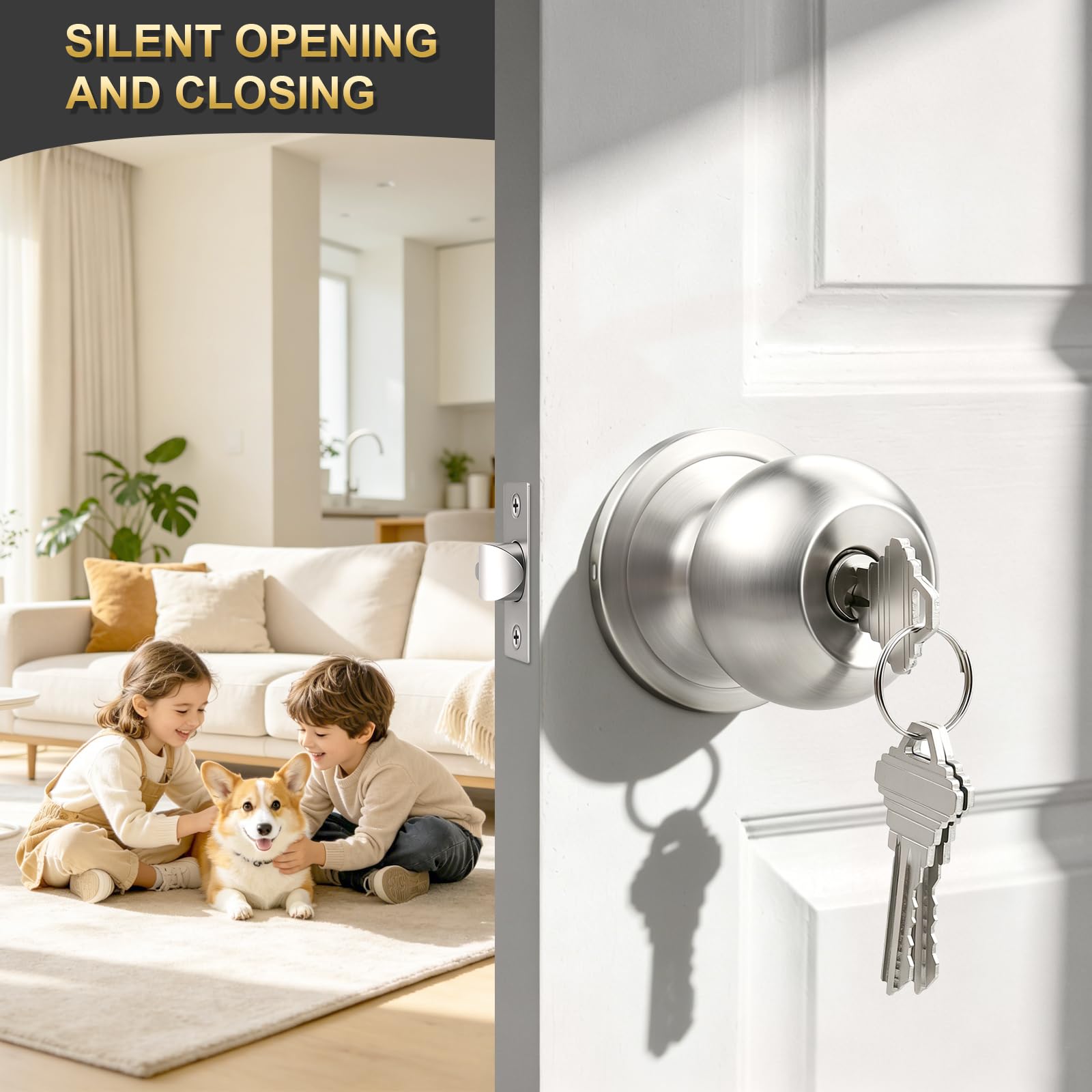 Satin Nickel Door Knobs - 2 Pack with Keys -2