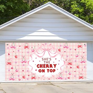 Pink Shes The Cherry on Top Garage Door Background Bow Cherrys Theme Party Decor Banner Bride to Be Engagement Baby Shower Party Decor Birthday Indoor Outdoor Decor Banner Cover 16X7FT