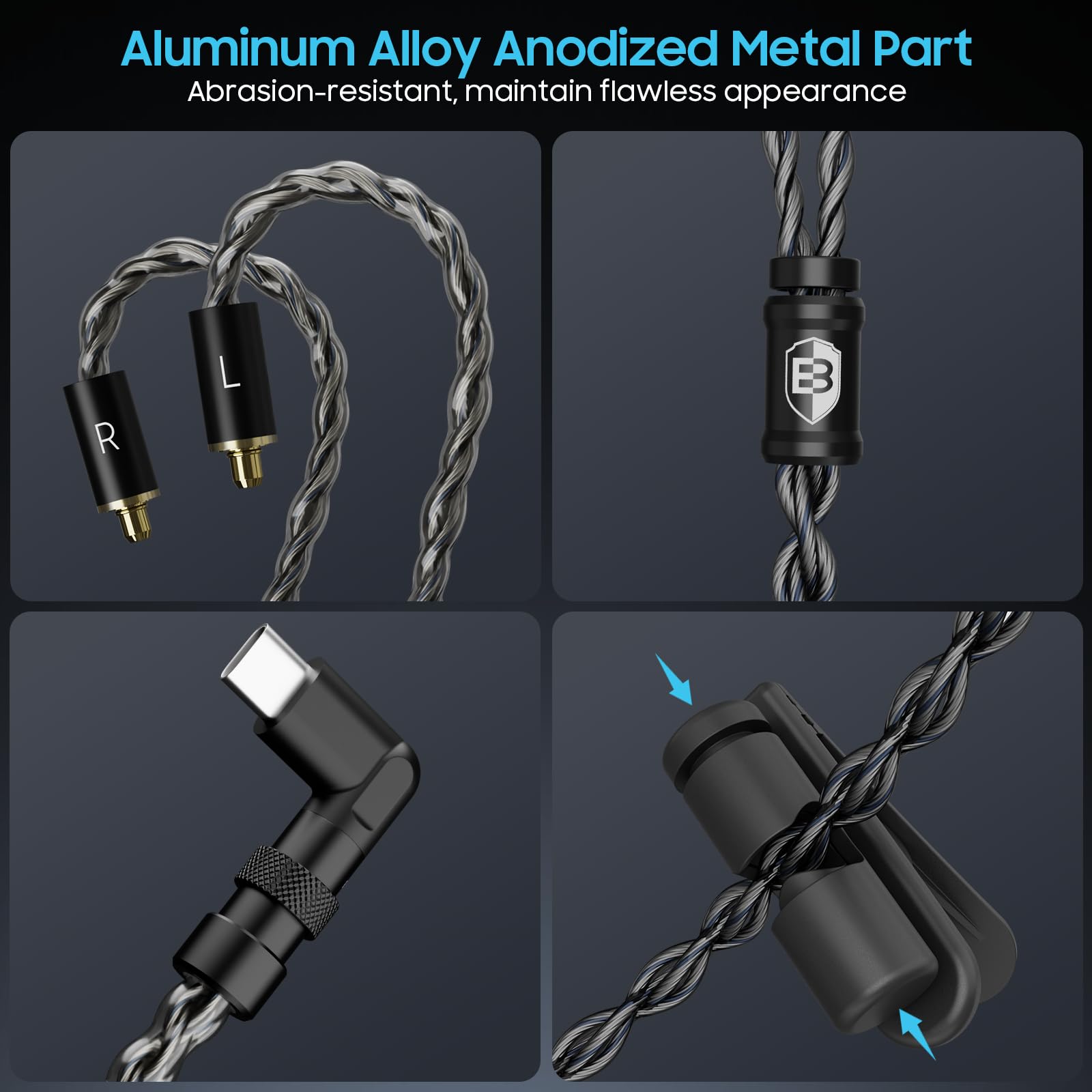 BASN Cavo per cuffie USB C DC100, cavo Litz OFC placcato argento di tipo C, cavo MMCX IEM con connettori bilanciati da 3,5/4,4 mm per auricolari musicisti (nero, tipo C/3,5/4,4 mm)