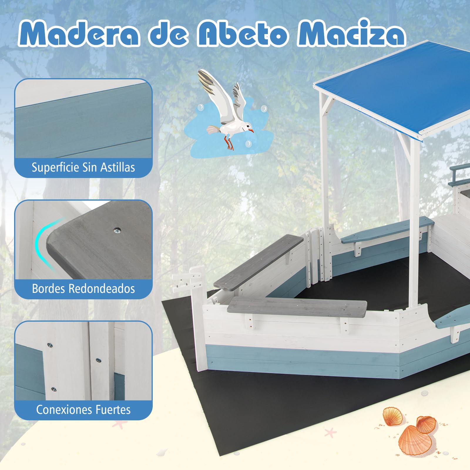 COSTWAY Arenero Infantil de Madera de Abeto con Toldo, Caja de Arena con Bandera, Timón, Asientos de Banco y Compartimentos de Almacenaje para Patio, Arenero para Niños al Aire Libre