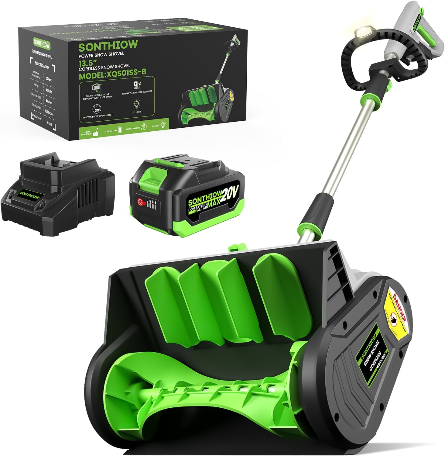 SONTHIOW 13.5" Electric Snow Shovel, 20V Brushless Snow Shovel, Includes 4.0 Ah Battery and Quick Charger, Cordless Snow Blower with Directional Plate & Adjustable Front Handle